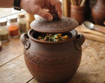 Clay Pot with Lid: Dutch Oven Pottery, Casserole Bread Baker, Ceramic Baking Dish