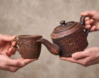 Juego de tetera y taza de arcilla hechos a mano, juego de té rústico japonés de cerámica.