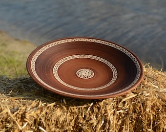 Big Ceramic Plate 16.5 inch Red Clay Brown Dish for Fruit, Meat Thrown Plate Chargers Plates Pottery Unglazed Handmade Lead Free 42 cm