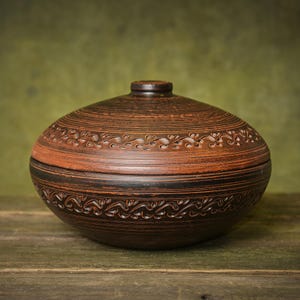 May include: A brown ceramic bowl with a lid, featuring detailed carved patterns. The bowl has a decorative band around the rim and a small knob on the lid. The bowl is displayed on a wooden surface. The bowl is approximately 20 cm in diameter.
