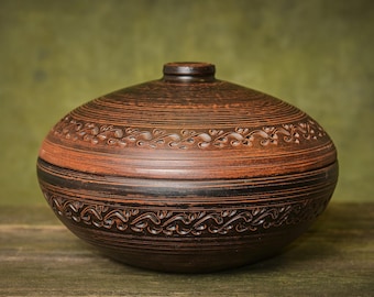 Handmade Ceramic Cooking Pot with Lid, Rustic Ukrainian Pottery