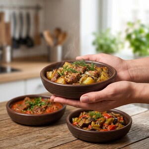 May include: Three brown ceramic bowls filled with cooked food, including meat, potatoes, and vegetables, are arranged on a wooden table. Steam rises from the top bowl, held by hands. The bowls are in a kitchen setting.