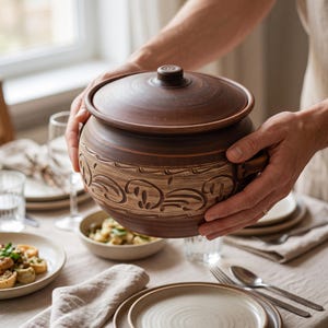 May include: A round, dark brown clay pot with a matching lid, featuring a wide body and a decorative band of carved, swirling patterns around the center. The pot has small side handles and a smooth, polished finish on the lid and base.