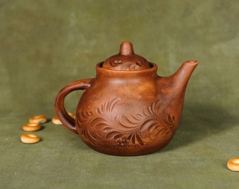 Ceramic Teapot Home Decor Unique Gift Clay Kettle for Tea Ceremony Tea Clay Handcrafted Teapot Pottery Hand Engraving