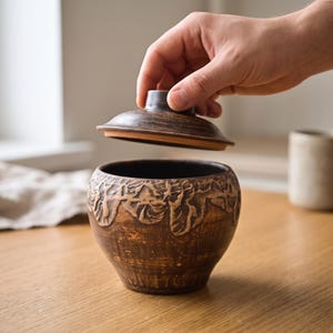 Può includere: Un vaso in ceramica marrone scuro con coperchio abbinato. Il vaso presenta un bordo strutturato e irregolare con un motivo organico intagliato nella parte superiore. La superficie ha una finitura rustica e terrosa con variazioni di colore.