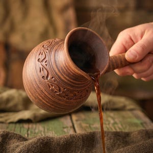 Könnte beinhalten: Eine braune Kaffeekanne aus Ton mit rundem Körper und langem Griff, die ein geprägtes Blumenmuster in der Mitte aufweist. Dunkler Kaffee wird aus dem Ausguss gegossen, wobei Dampf aus der Flüssigkeit und der Öffnung der Kanne aufsteigt.