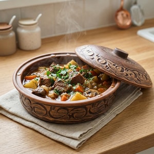 May include: A ceramic stew bowl with a decorative lid, filled with a hearty stew. The stew features meat, potatoes, carrots, and mushrooms, topped with fresh herbs. The bowl and lid are brown with carved patterns.