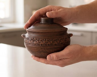 Small Ceramic Pot With Lid: Handmade Clay Cooking Pot, Lidded Pottery Bowl for Spices