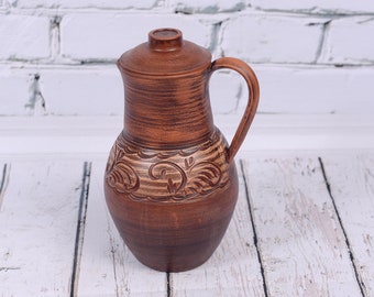 Big Clay Jug with Lid Handmade Ceramic Vessel for Milk, Water, Juice, Vine Pitcher Jar  Ewer Jugful