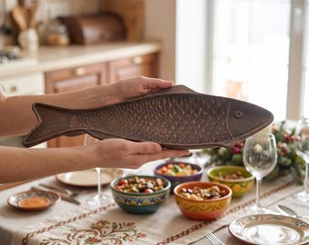 Handmade Ceramic Fish Platter: Rustic Terracotta Seafood Serving Tray