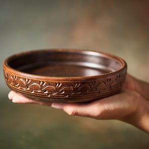 May include: A handcrafted, round wooden bowl with a dark brown finish. The rim features a carved, repeating floral pattern. The bowl is held in open hands, showcasing its size and design. The bowl is approximately 25 cm in diameter.