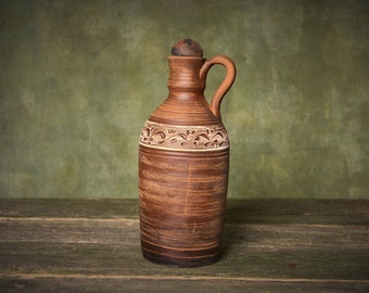 Ceramic bottle with handle amphora with lid handmade pottery water vessel clay wine jug 1500ml gift for grandad