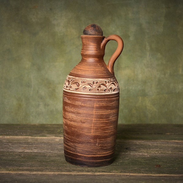 Bouteille en céramique avec anse, amphore avec couvercle, poterie faite main, récipient à eau, pichet à vin en argile, 1500 ml, cadeau pour grand-père