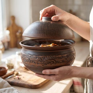 May include: A round, dark brown clay pot with a matching lid, featuring intricate carved leaf patterns around the exterior. The pot is filled with cooked food, and steam is visible rising from the interior as the lid is lifted.