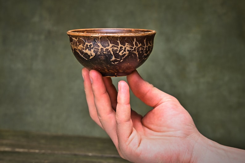 May include: A small, brown ceramic bowl with a decorative pattern. The bowl is being held in a person's hand.