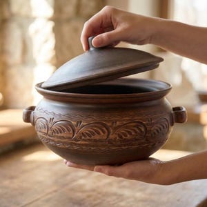 Könnte beinhalten: Ein dunkelbrauner Tontopf mit passendem Deckel. Der Topf hat einen bauchigen Körper mit zwei kleinen seitlichen Griffen und ein dekoratives, eingeprägtes Muster aus sich wiederholenden blattartigen Motiven, das von wellenförmigen Linien umrandet ist.