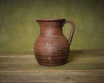 Handmade Ceramic Milk Pitcher: Engraved Rustic Farmhouse Jug (1500ml)