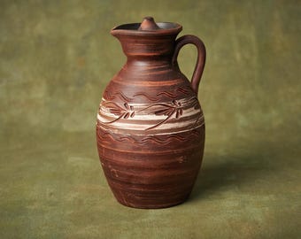 Handmade Terracotta Pitcher with Lid: Rustic Ceramic Wine Jug