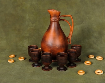 Ceramic Set Jug with 6 Shot Glasses Wedding Gift Red Clay Wine-glasses Vessel for Wine Water Juice Milk Vodka Pitcher