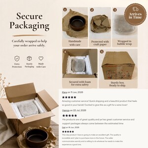 May include: A visual guide showing secure packaging steps for a dark brown ceramic bowl. It includes five numbered panels detailing the wrapping process with craft paper, bubble wrap, and foam inserts inside a cardboard shipping box.