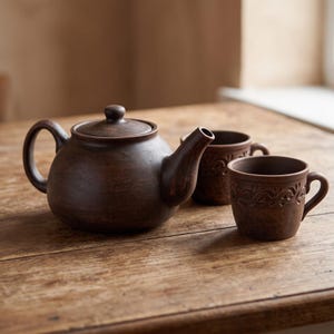 May include: A dark brown clay teapot with a matching lid and a curved handle, accompanied by two matching mugs. Each mug features a decorative embossed pattern around the upper rim. The set is crafted from a smooth, matte-finished earthen material.
