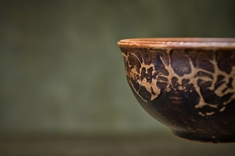 May include: A brown ceramic bowl with a decorative pattern. The bowl is partially visible, with the rim and side of the bowl in focus.