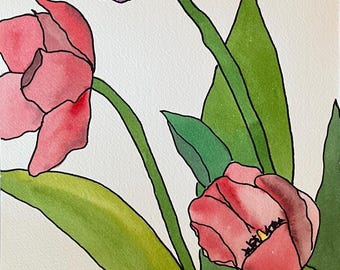 Tulips in Bloom, unframed watercolor painting, original artwork