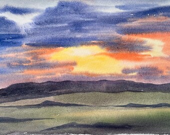 Sunset in Iceland, unframed watercolor painting, original artwork