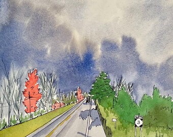 Fall in NY, unframed watercolor painting, original artwork