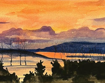 Sunrise in Iceland, unframed watercolor painting, original artwork