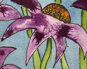 Cone flower, framed watercolor painting, original artwork