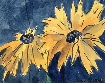 Black Eyed Susan flowers, framed watercolor painting, original artwork