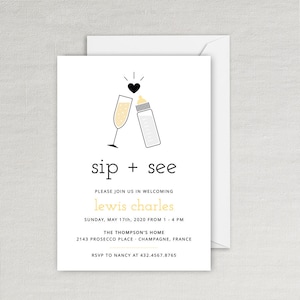 Sip and See Baby Shower Invitation - Yellow - Instant Editable Digital Download