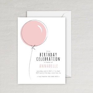 Puede incluir: Un globo rosa con un contorno negro dibujado en una tarjeta blanca. El texto "it's a BIRTHDAY CELEBRATION in honor of ANNABELLE saturday, july 6, 2021 1 to 4pm 9874 party time way woo hoo, ny > rsvp heather 456 5683 9875 <" está impreso en negro.