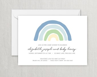 May include: A baby shower invitation featuring a blue, green and yellow rainbow illustration. The invitation reads "Join us for a baby shower to celebrate Elizabeth, Joseph and baby Henry. Sunday, September 5th at 11am. 23 Sweet Lane, Precious Lake. Registered at Buy Buy Baby and Target. Brunch will be served. Kindly RSVP to Mary 345 4565 4564."