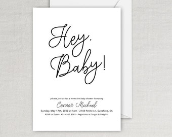 Baby Shower Invitation - Gender Neutral - Black and White - Sip and See Invite  - Hey Baby - Instant Editable Digital Download
