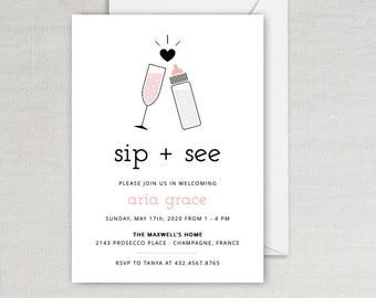 Sip and See Baby Invitation - Pink - Instant Editable Digital Download