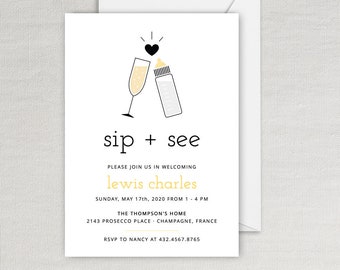 Sip and See Baby Shower Invitation - Yellow - Instant Editable Digital Download