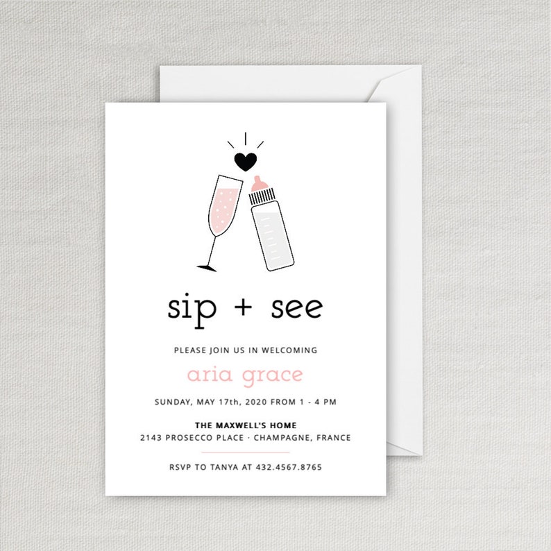 Sip and See Baby Invitation Pink Instant Editable Digital Download image 1