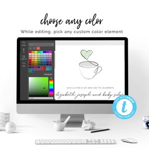 May include: A computer screen displaying a customizable invitation template with a green heart and a cup of coffee. The text on the invitation reads "Join us for a sip and see to celebrate Elizabeth, Joseph and baby Silas".