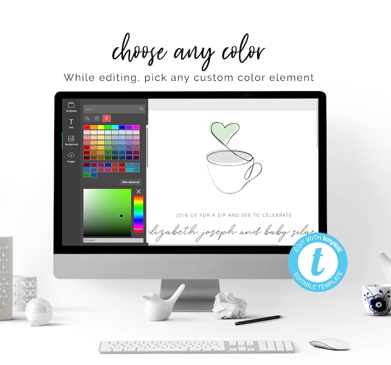 May include: A computer screen displaying a customizable invitation template with a green heart and a cup of coffee. The text on the invitation reads "Join us for a sip and see to celebrate Elizabeth, Joseph and baby Silas".