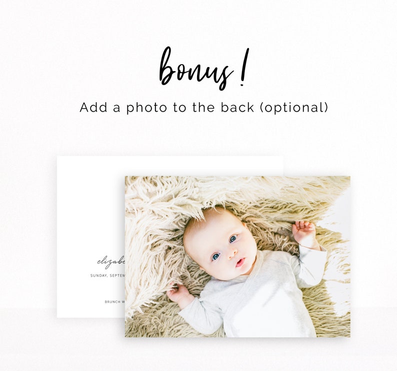 May include: A close-up photo of a baby lying on a fluffy white blanket. The baby is wearing a white onesie and has blue eyes. The photo is perfect for a baby shower or a new baby announcement.