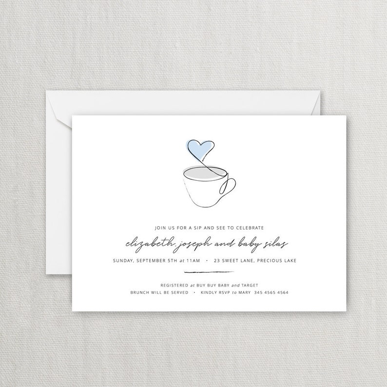 May include: A white card with a blue heart and a cup drawn in a single line. The text on the card reads "Join us for a sip and see to celebrate Elizabeth, Joseph and baby Silas. Sunday, September 5th at 11am - 23 Sweet Lane, Precious Lake. Registered at Buy Buy Baby and Target. Brunch will be served. Kindly RSVP to Mary 345 4565 4564."