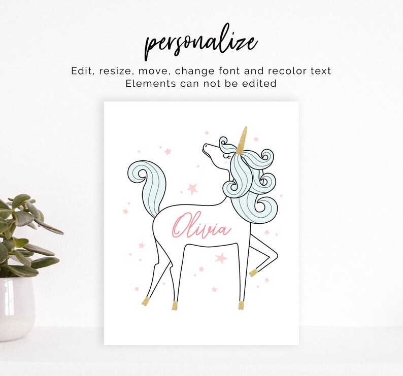 Personalized Unicorn Art Unicorn Wall Art Print Editable Etsy