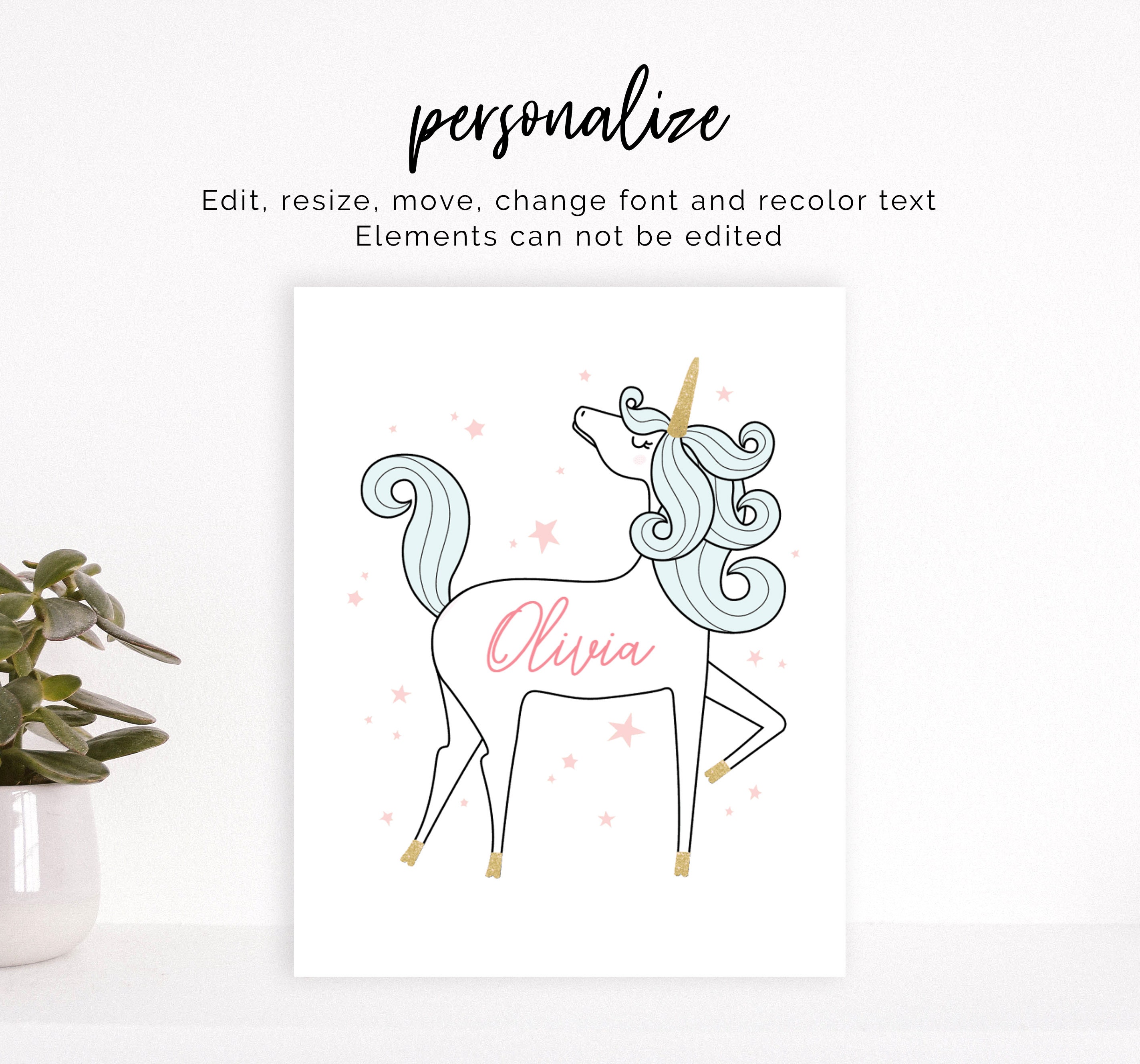 Personalized Unicorn Art Unicorn Wall Art Print Editable Etsy