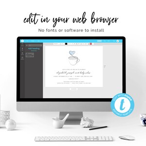 May include: A computer screen displaying a baby shower invitation template with a blue and white teacup and heart design. The text on the invitation reads "Join us for a sip and see to celebrate Elizabeth Joseph and baby Silas". The text "Edit with Templett Editable Template" is visible in the lower right corner of the screen.
