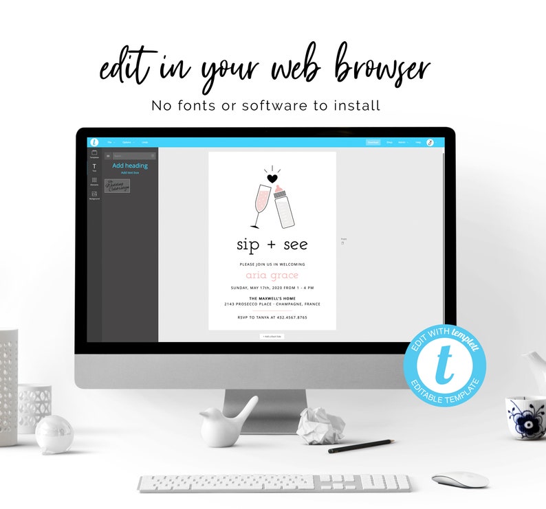 Sip and See Baby Invitation Pink Instant Editable Digital Download image 2