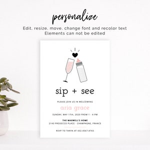 Sip and See Baby Invitation Pink Instant Editable Digital Download image 3