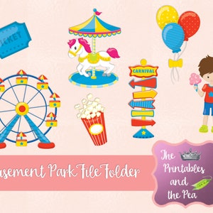 Op de afbeelding: Een set kleurrijke digitale clipart-afbeeldingen met een amusementsparkthema. De afbeeldingen omvatten een reuzenrad, een draaimolen, een kaartje, popcorn, een carnavalsbord, ballonnen en een jongen die suikerspin houdt. De tekst "The Printables and the Pea" is ook inbegrepen.