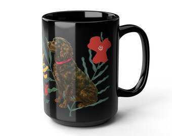 Boykin Spaniel Coffee Mug: Floral Garden 15oz Black Ceramic